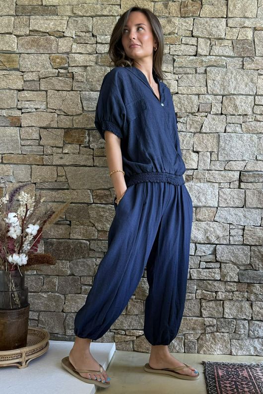 Basso Button Drape Cap Sleeve Shirt Navy